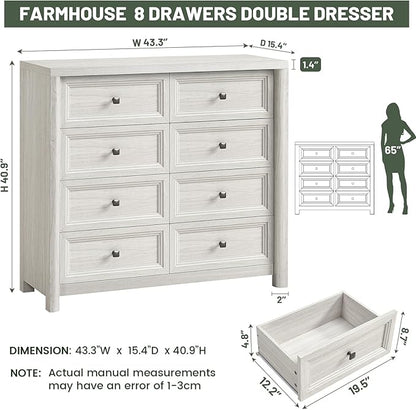 41" Tall White Dresser, Farmhouse 8 Drawers Dressers for Bedroom, Vertical Chest of Drawers for Bedroom Nursery with Metal Handle, Modern Rustic Wood Dresser for Closet, Living Room