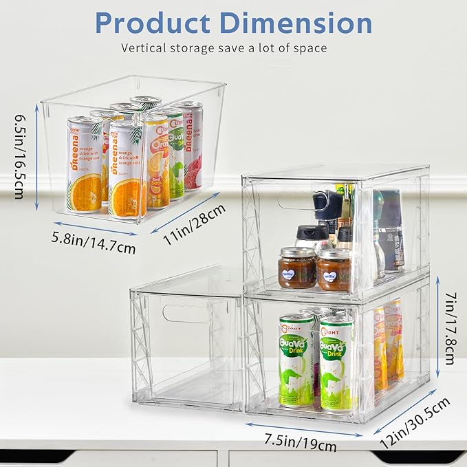 Plastic Drawers Storage, 4Pack Clear Stackable Storage Drawers, Acrylic Storage Bins with Drawers for Fridge Organizers, PlasticDrawers Stackable for Makeup Organizers Cosmetic Display, Large