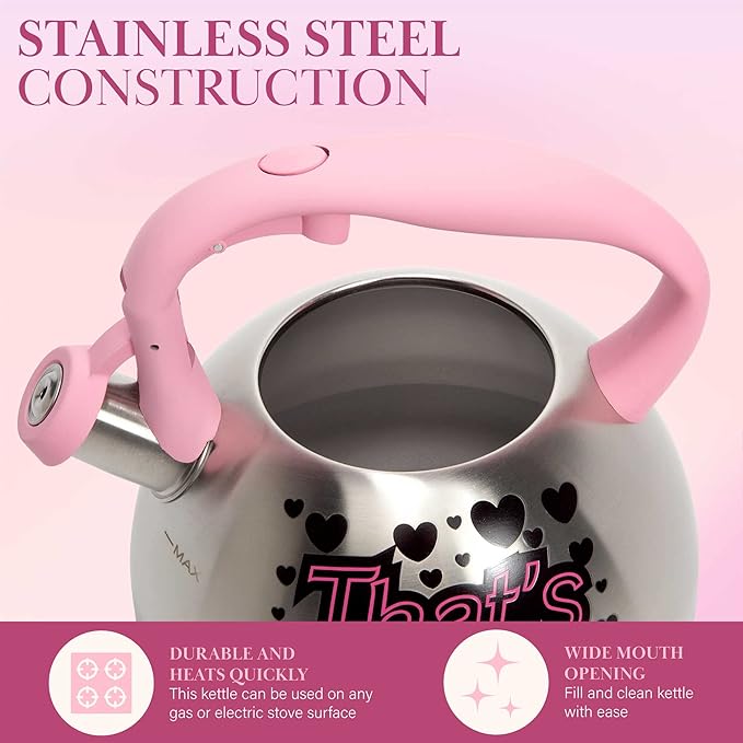 Paris Hilton Whistling Stovetop Tea Kettle, Stainless Steel with Color Changing "That's Hot" Heat Indicator Design, Soft Touch Handle, 2.5-Quart, Pink