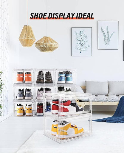 Clear Shoe Boxes Stackable 10 Pack Shoe Storage for Sneakerheads, Front Opening Shoe Organizer, Magnetic Door, Strong and Sturdy Fit for Large Size Shoes 14.96 x 10.24 x 7.87 inches