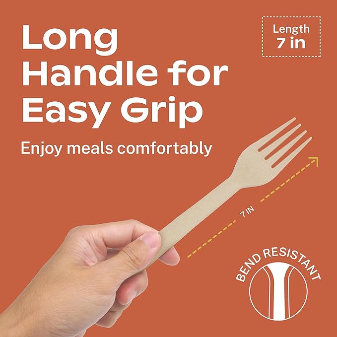CORAL Light Brown 100% Compostable Spoons & Forks Set - 220 Pieces - No Plastic Utensil 110 Forks, 110 Soup Spoons - Break Resistant with Smooth Edges, Ocean Friendly Alternative to Plastic Silverware