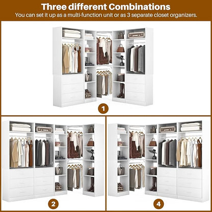 Corner Closet System with 6 Drawers, Closet Organizer System with 14 Shelves & 4 Hanging Rods, 87.2"L * 39.2"W / 63.2"L * 63.2"W Reversible L Shaped Walk-in Closets, Load 2500+LBS, White