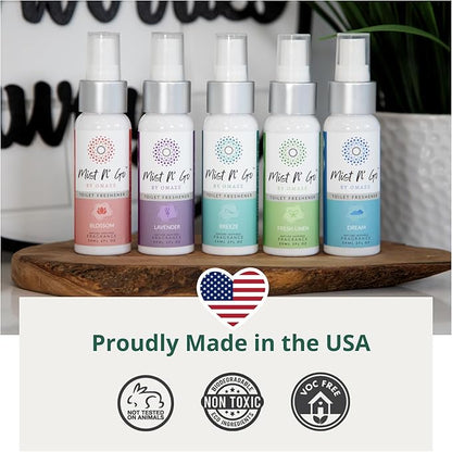 Mist N’ Go by Omaze Travel Bathroom Spray for Toilet Spray Odor Eliminator - Travel Toilet Spray for Bathroom Air Freshener Spray for Bathroom Deodorizer - Fresh Linen Regular Size (2oz x2)