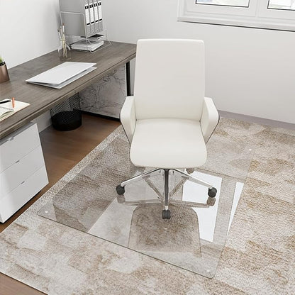 [Tempered Glass] 36" x 55" Glass Chair Mat, Heavy Duty Hard Floor Mat with Round Corner and Polished Edge, Office Chair Mat for Carpet Office Home Hardwood Floor Desk