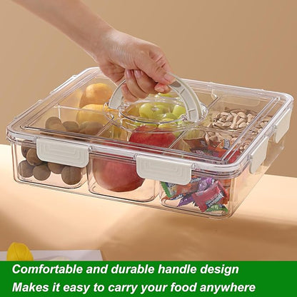 Taiuloo Divided Serving Tray with Lid & Handle, Airtight 6 Compartment Snackle Box Charcuterie Container, Fridge Organizer Bins, Food Storage Container Veggie Tray for Snack, Fruit, Candy, Nuts
