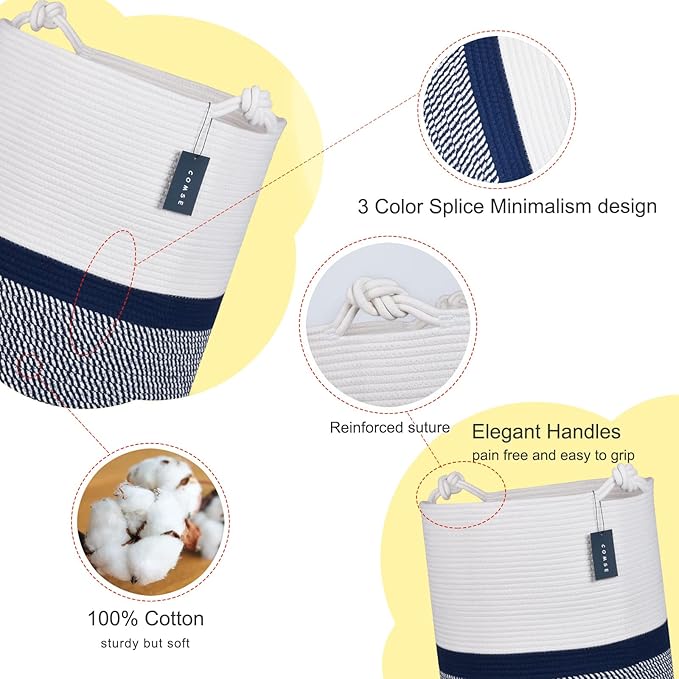 COMSE Extra Large Blanket Basket, Tall Woven Storage Basket, Nursery Hamper, 15.7”x 21.7”, Cotton Rope Laundry Hamper for Toys Clothes Towels, Blend White/Navy Blue