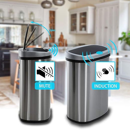 HCB Trash Can Automatic Waste Bin Mute Metal Garbage Can with Lid Stainless Steel 13 Gallon 50 Liter for Kitchen | Office | Bedroom | Bathroom | Living Room, 11” x 16” x 23”