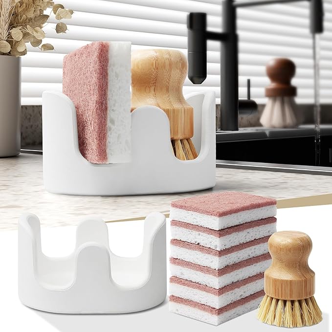 Double Sponge Holder, Water-Absorbing Stone Dish Sponge Caddy for Kitchen Sink Counter, Fast-Drying Stone Sponge Holder with 6 Sponges and 1 Brush, White