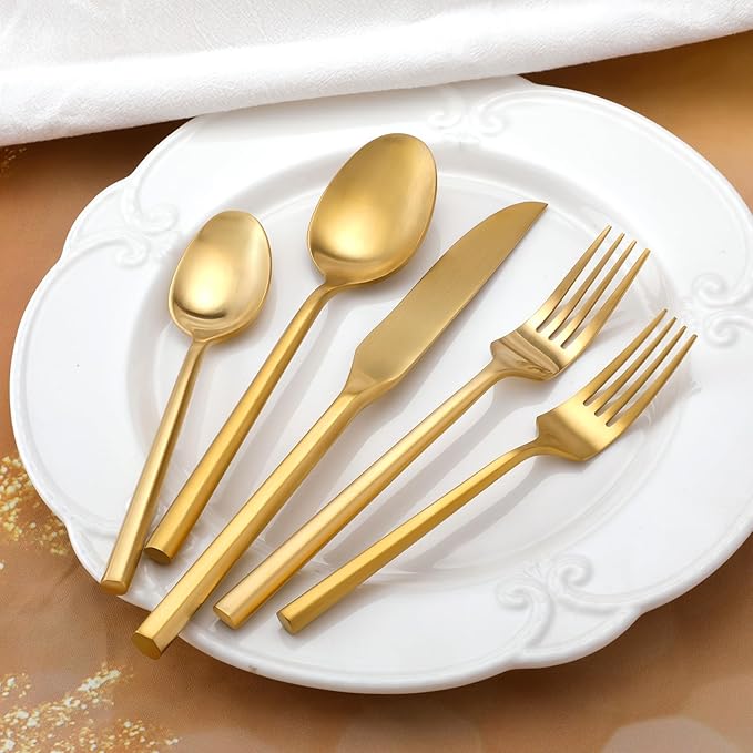 DEACORY Silverware Set with Serving Utensil Set Matte Gold Flatware Set Hand Forged Stainless Steel Cutlery Set 45 Pieces Matte Finished Hexagon Handle Service for 8, DE1004
