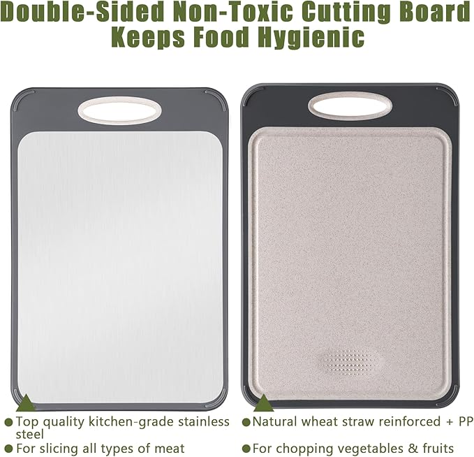 GUANCI Cutting Board for Kitchen 2-in-1, Stainless Steel & Wheat Straw PP Double-Sided Chopping Board,non toxic Chopping, Easy to Clean, Ideal for Meat, Vegetables and Fruits