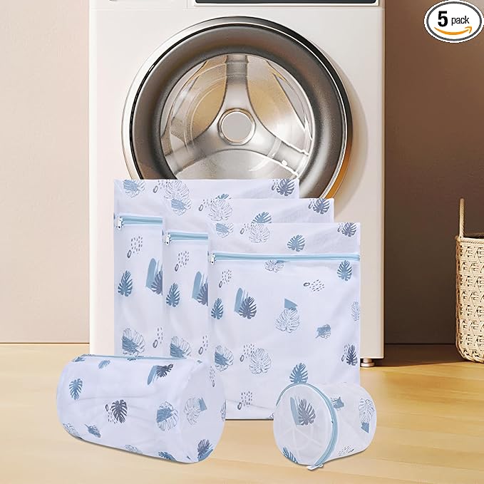 Durable Laundry Bag, Mesh Laundry Bags with Premium Zipper, 5 Pack Washing Machine Wash Bags for Delicates Blouse, Hosiery, Underwear, Baby Clothes, Travel Organization Bag (Leaves)