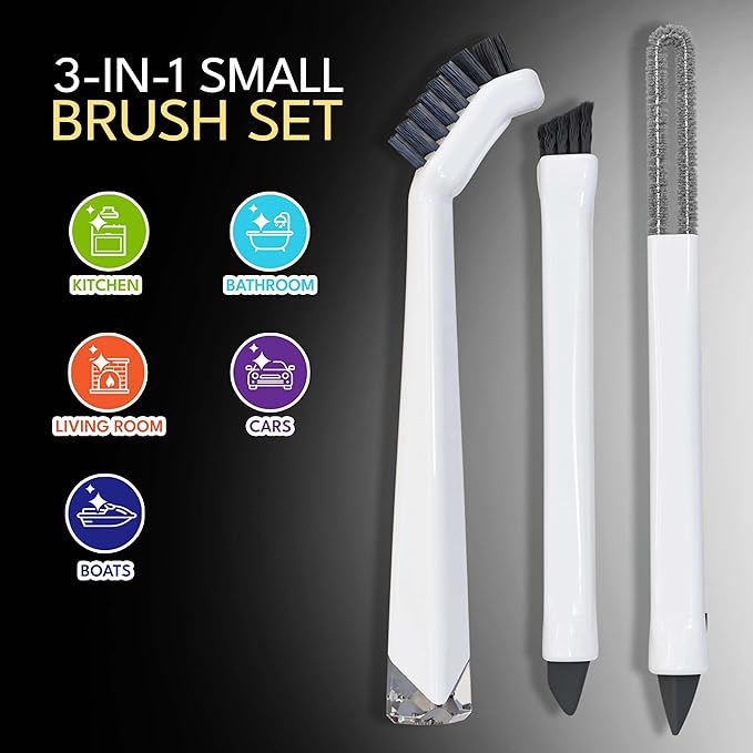 Small Cleaning Brush Set 3pcs—Crevice Brushes for Cleaning—Scrub Brushes Set with Silicone Tipped Scrub Brush—Stiff Handle Miniature Cleaning Brush for Kitchen Uensils, Tight Spaces, Tub, Shower