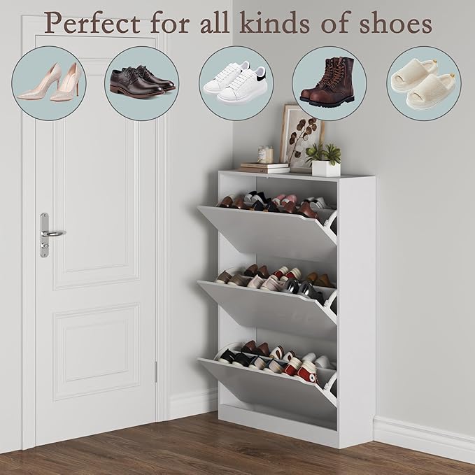 Shoe Cabinet with 3 Flip Drawers, Hidden Wood Shoe Cabinet,Freestanding Shoe Storage Cabinet for Entryway Hallway.White. 47.2" H*31.5" W*9.45" D.