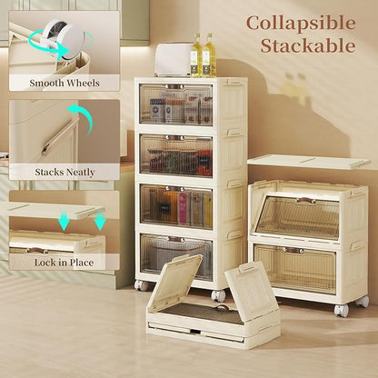 4 Tier - 48QT Storage Bins with Lids, Collapsible Storage Bins with Doors and Wheels, Plastic Storage Cabinet for Easy Storage and Organization for Living Room, Office