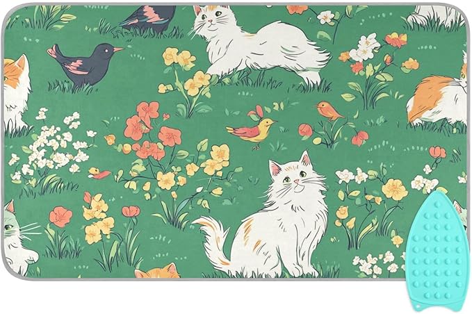 Ironing Mat Portable Ironing Pad Ironing Blanket for Table Top Heat Resistance Double-Side Using Travel Large 47.2 x 27.6 Inch Foldable Lightweight Green Spring Persian Cat and Hummingbird