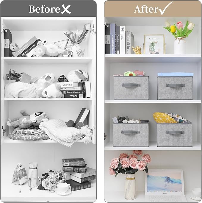 Storage Baskets, 11-Inch Woven Fabric Bins, Storage Cubes with Reinforced Handles, Organizer Bins for Closet Shelves, Foldable, for Toys, Clothes, Natural Beige (4PCS/Grey-11*11*7.8inch)