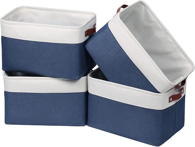 Univivi 4PC Large Storage Baskets Foldable Fabric Storage Bins for Closet Shelf for Organizing Blue Storage Baskets with Handles|Hard Bottom (15”X10.5”X9.5”)