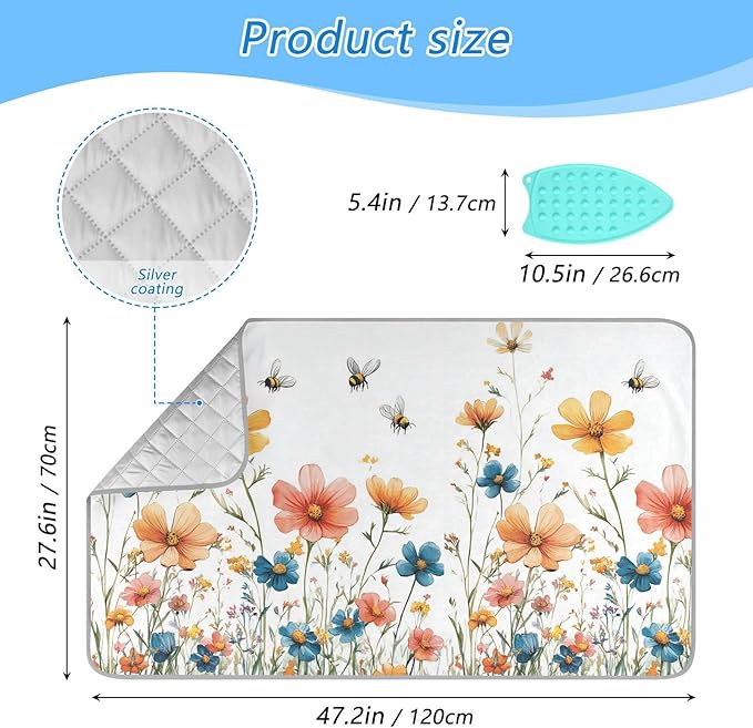 Yellow Wildflower Bees White Ironing Mat for Table top Portable Ironing Pad Blanket for Washer Dryer Countertop Travel