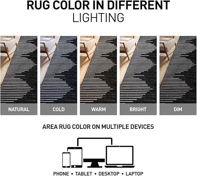 Rugshop Bohemian Stripe Stain Resistant High Traffic Living Room Kitchen Bedroom Dining Home Office Square Area Rug 6'6" x 6'6" Black