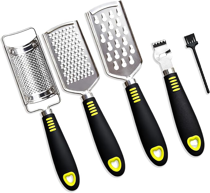 5 Pcs Stainless Steel Cheese Grater with Handle, Handheld Lemon Zester Grater with Handle, Hand Graters for Kitchen Graters & Peeler & Slicer, for Vegetable Fruit Kitchen Aid, with 1 Brush & 1 Box