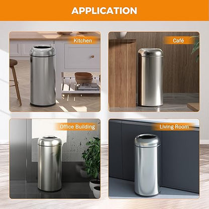 BEAMNOVA 16.5 Gallon Trash Can Black Open Top Large Outdoor Indoor Commercial Stainless Steel Industrial Waste Basket Container, Metallic Garbage Enclosure with Lid