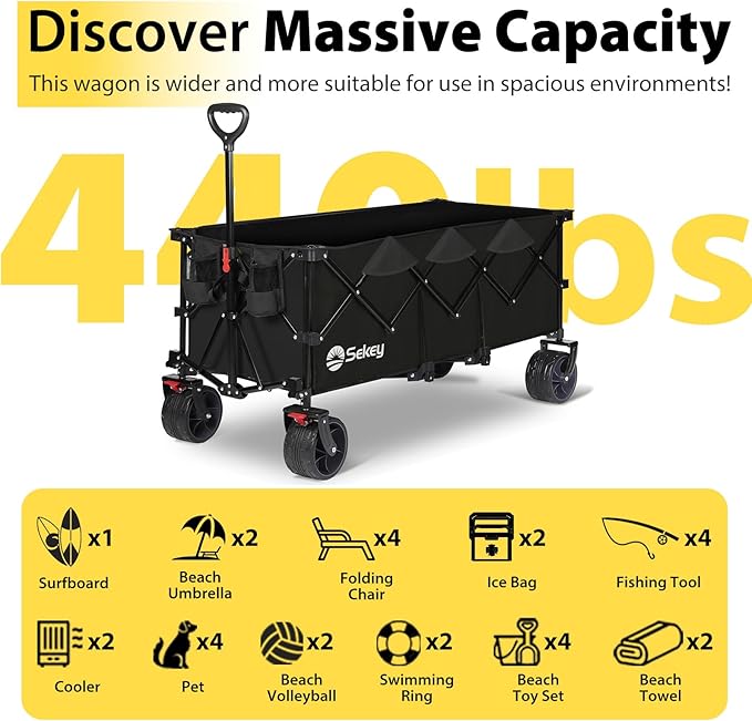 Sekey 48''L Collapsible Foldable Extended Wagon with 440lbs Weight Capacity, Heavy Duty 300L Folding Utility Garden Cart with Big All-Terrain Beach Wheels & Drink Holders. Black