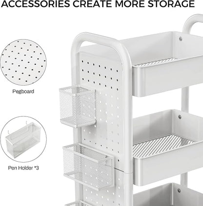 DESIGNA 3-Tier Rolling Cart, Utility Cart with Handle, Extra 3 Storage Accessories, Removable Pegboard, Easy Assembly Craft Carts for Kitchen, Bathroom, Office, Metal, White