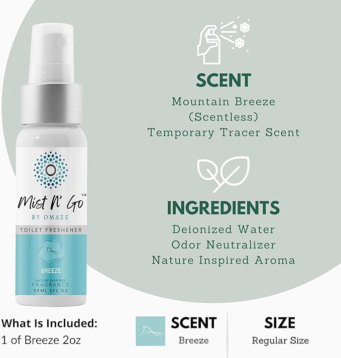 Mist N’ Go by Omaze Travel Bathroom Spray for Toilet Spray Odor Eliminator - Travel Toilet Spray for Bathroom Air Freshener Spray for Bathroom Deodorizer - Breeze Regular Size (2oz x1)