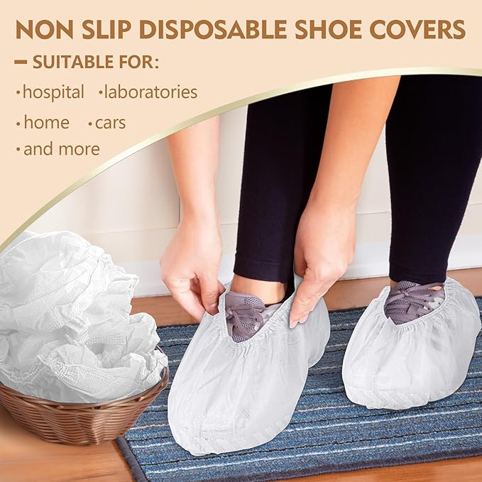 Zhanmai 300 Pack Disposable Shoe Covers Non Slip Disposable Large Foot Booties Shoe Covers for Indoors Contractors Floor and Carpet Protectors, One Size Fits Most(White)