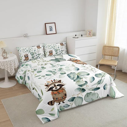Erosebridal Cute Raccoon King Bedding Sets for Kids Child Green Eucalyptus Comforter Set, Woodland Animal Duvet Insert Botanical Plant Leaves Down Comforter, Cartoon Wildlife Bedding Comforter Sets
