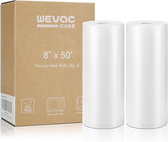 Wevac Vacuum Sealer Bags 8x50 Rolls 2 pack for Food Saver, Seal a Meal, Weston. Commercial Grade, BPA Free, Heavy Duty, Great for vac storage, Meal Prep or Sous Vide