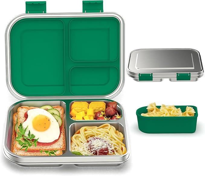 Stainless Steel Bento Box Kids, 3 Compartments Leak Proof Metal Bento Lunch Box, 304 Stainless Steel Bento Lunch Containers for School and Office,Dishwasher Safe, BPA-Free-Green