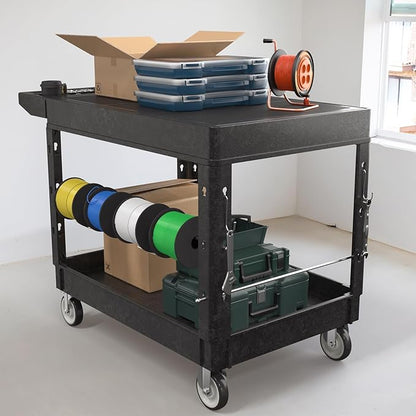 Heavy Duty Flat Top Utility Cart with Wheels 2-Tier Utility Plastic Service Work Cart for Shop, Garage, Warehouse, Maintenance 550 lbs