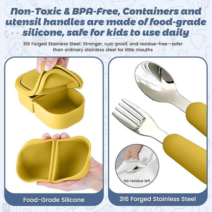 Silicone Snack Containers for Kids (8.5Oz, 2-Compartment)+ Kids Silicone Cutlery Set (Spoon and Fork) - BPA Free, Leak Proof, Great for Toddler/Kid/Adult Meal Prep Containers (yellow)