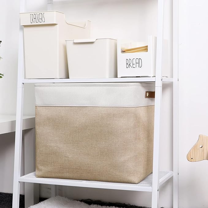 DULLEMELO Large Collapsible Storage Basket/Bin with Sturdy Leather Handles, Fabric Organizer Bin for Storage Clothes, Toys, Books, Office, Bedroom, Closet, Nursery & Laundry (White&Khaki)