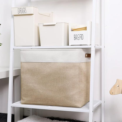 DULLEMELO Large Collapsible Storage Basket/Bin with Sturdy Leather Handles, Fabric Organizer Bin for Storage Clothes, Toys, Books, Office, Bedroom, Closet, Nursery & Laundry (White&Khaki)