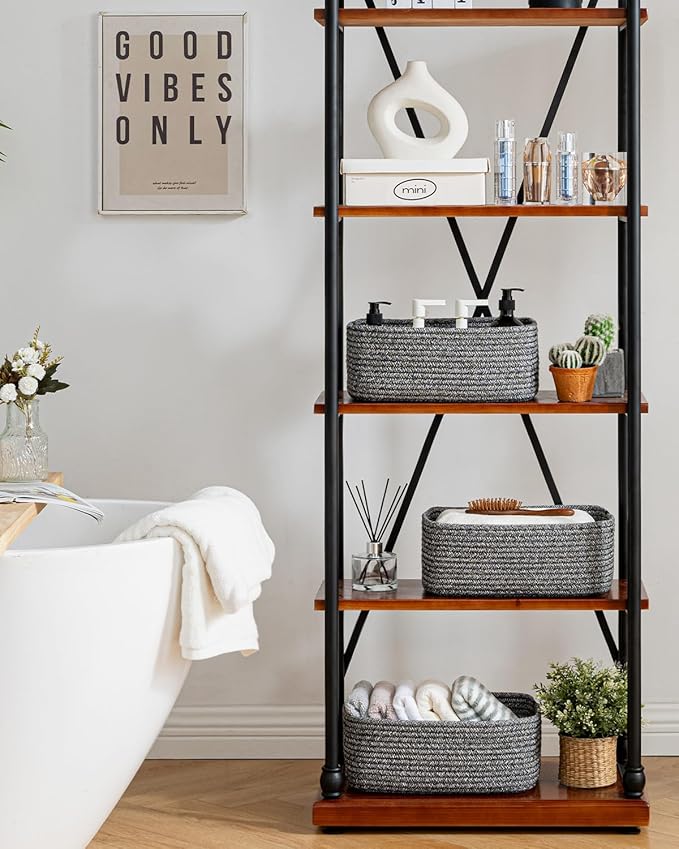 Small Woven Basket, 13.5 x 9.5 x 5 Inches, Storage Basket for Organizing, Cute Small Rope Shelf Closet Cube Storage Bins Baskets for Shelves, Dog Toy Gift Baskets Empty, 3 Pack Mixed Black