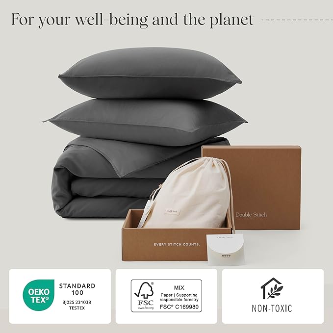 Double Stitch Cotton Tencel Duvet Cover - Queen Size Comforter Cover, Luxury & Soft Eucalyptus Lyocell Bedding Set for Hot Sleepers, Cooling, Smooth & Breathable, Button Closure, Ash Black, 90"x90"