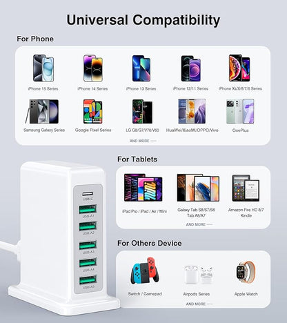 Charging Station for Multiple Devices, 45W 6 Port USB Charger Charging Block with 1 USB-C 5 USB-A Port, Power Strip Plug Charging Multi Travel Chargers for iPhone iPad, Tablets, Smartphones
