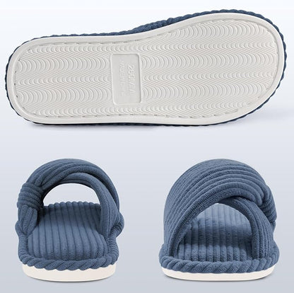 Evshine Summer House Slippers for Women Corduroy Cross Bow Indoor Slippers Open Toe Slip On Bedroom Shoes with Memory Foam
