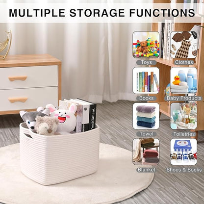 Storage Baskets for Organizing Shelves, Woven Cotton Rope Bins for Baby Nursery Organization, Book Toy Towel Organizer, 15"x11"x9.5", 3 Packs, Off White