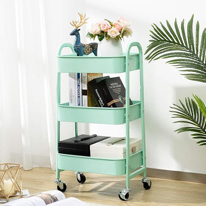 AGTEK Makeup Cart, Movable Rolling Organizer Cart, Macaron Blue 3 Tier Metal Utility Cart