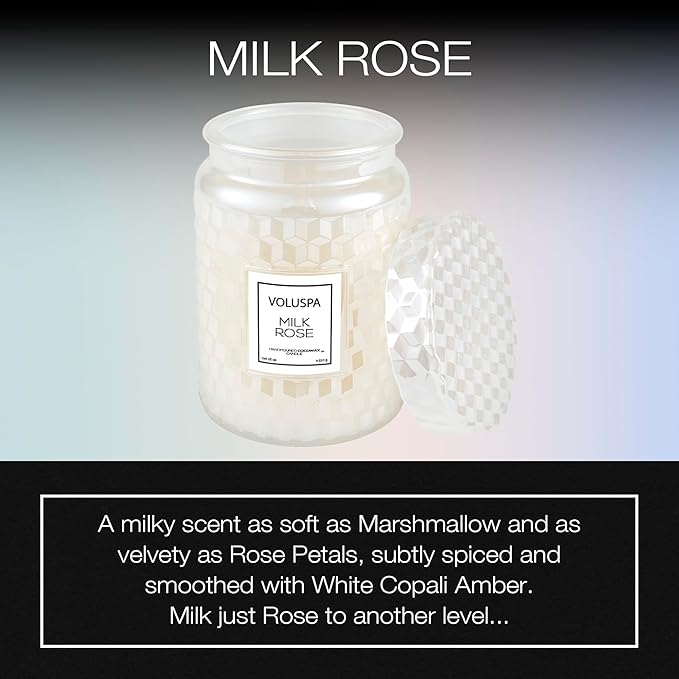 Voluspa Milk Rose, Large Candle Jar, 18 Ounce, 100 Hour Burn Time, Coconut Wax for Clean Burning, Handcrafted in The USA