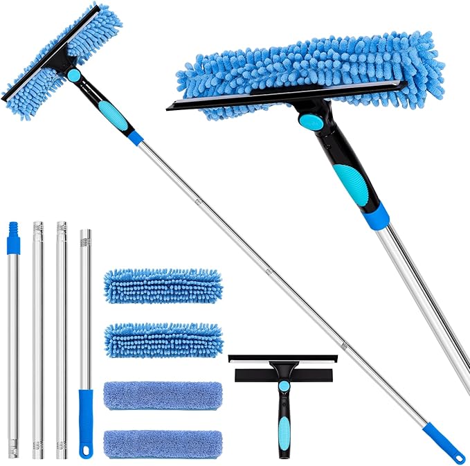 Professional 72'' Window Squeegee Cleaning Washing Tool/Kit with Extension Pole, 3 in 1 Squeegee for Window Cleaning Kit for High Window with 1 Rotatable Head 4 Interchangeable Scrubber