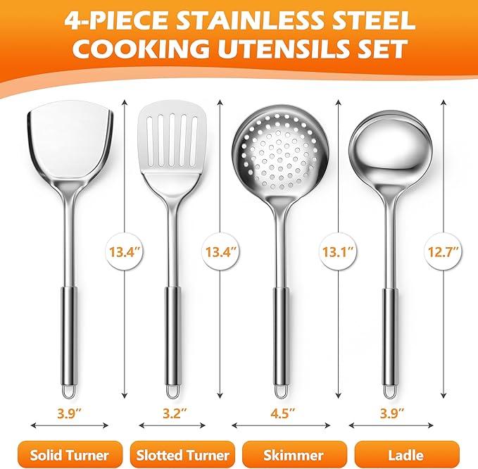 E-far Stainless Steel Cooking Utensils, 4-Piece Heat Resistant Kitchen Utensils Set, Non-toxic Metal Kitchen Tools Spatulas Set Including Soup Ladle, Slotted/Solid Turner, Skimmer, Dishwasher Safe