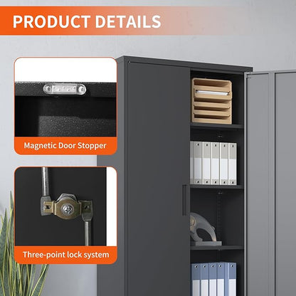 Metal Storage Cabinet with Adjustable Shelves, Garage Tool Cabinet with 2 Lockable Doors for Office, Home, Garage, Require Assembly, Black
