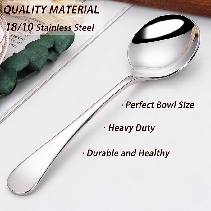 7" Elegant Soup Spoons Silverware Set,18/10 Stainless Steel,Dishwasher Safe(Set of 4,Silver)