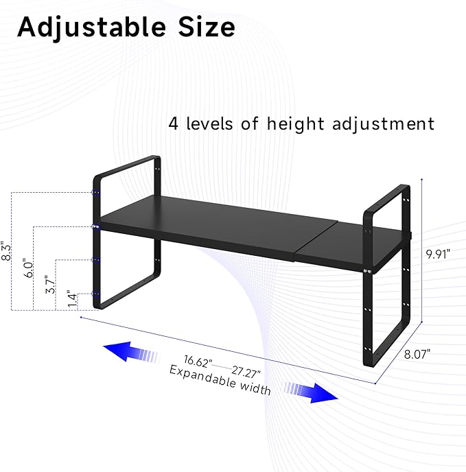 Expandable Cabinet Shelf Organizer, Stackable Kitchen Pantry Counter Storage, Adjustable Cupboard Stand Rack Risers Spice Organization Heavy Duty Black Small 3 Pack