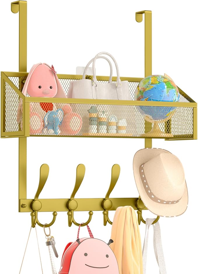 Over The Door Hooks Organizer, Coat Rack Over The Door Storage Hanger Towel Rack, Back of Storage Organizer for Bathroom,Bedroom,Kitchen,Office(Gold 2-Tier)