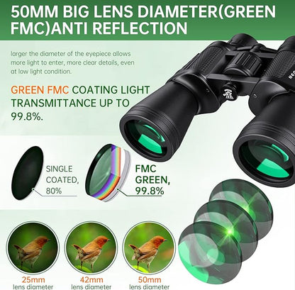 20x50 High Powered Binoculars for Adults, Waterproof Compact Binoculars with Low Light Vision for Bird Watching Hunting Camping Travel Cruise Hiking Sports Stargazing, Christmas Birthday Gifts for Men